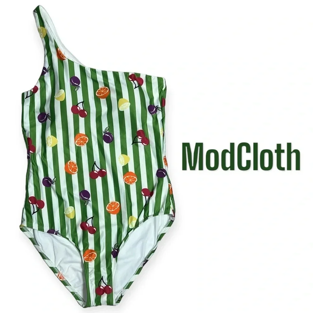 ModCloth retro one shoulder fruit stripe one piece swimsuit size Small